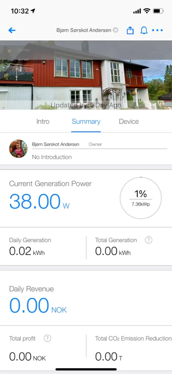 Solarman-appen: øyeblikksproduksjon 38 W, 1 % av anleggets 7,36 kWp