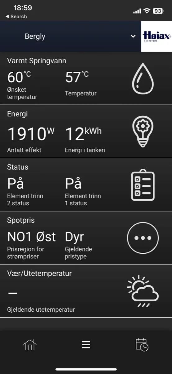 Høiax smart varmtvannsbereder og skjermbilde fra myUplink-appen